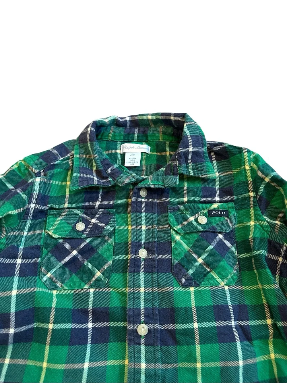 Ralph Lauren Toddler Boys Green Blue Plaid Flannel Shirt Fall Vibes Lumberjack